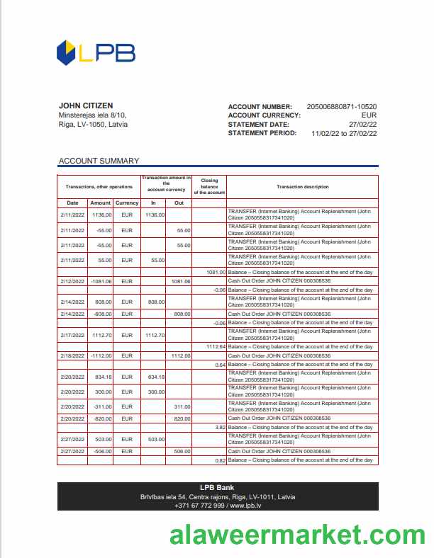 Latvia LPB bank statement Excel and PDF template